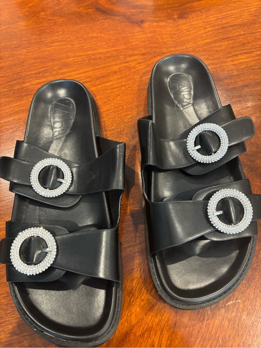 Zara Black Rhinestone Buckle Flat Sandals size 40